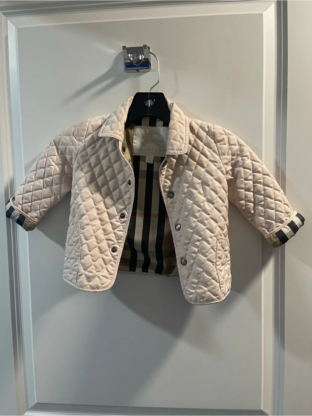 Burberry Kids Pale Pink Quilted Jacket with Signature Check Lining